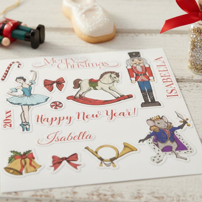 Hoja de pegatinas del ballet Cascanueces de Navida (Festive Red & Gold Christmas Nutcracker Ballet Stickers. Nutcracker, Sugar Plum Fairy, Mouse King)
