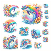 Hoja de Pegatinas Rainbow Dolphin and Ocean Retro