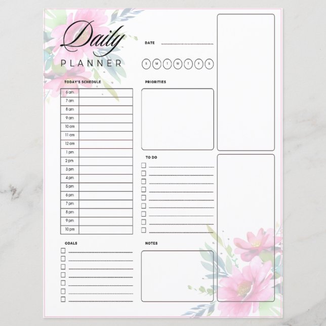 Hoja de planificador diario de flores de acuarela  (Anverso)
