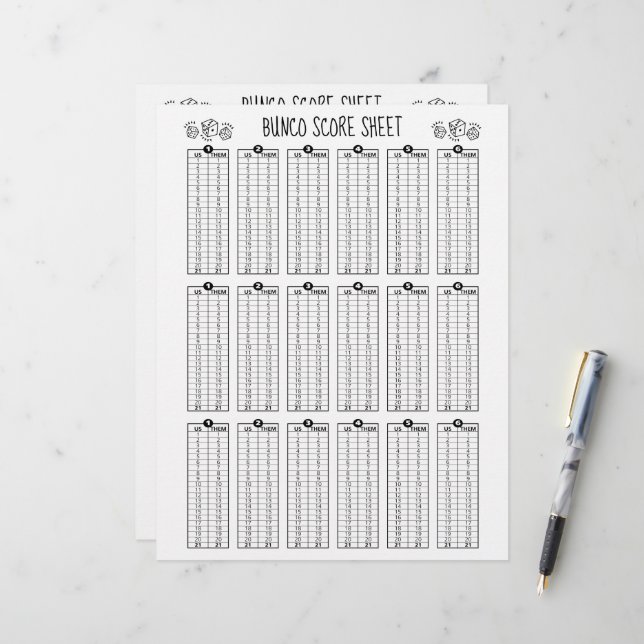 Hoja de puntuación de Bunco - Puntuación de tabla  (Anverso/Reverso In Situ)