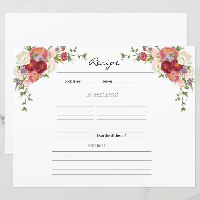 Hoja de Receta de Cocina de Flor de Peony Floral (Anverso / Reverso)