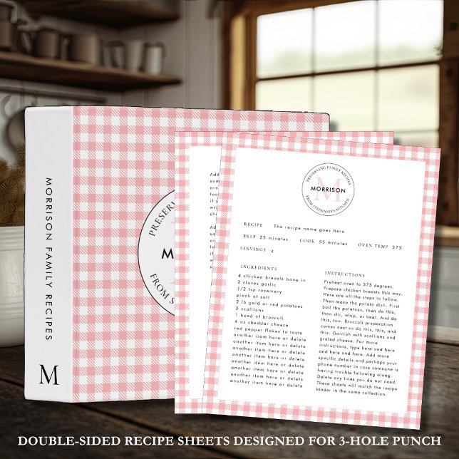 Hoja de Receta de la Familia Red Check Gingham Mon (Preserving Family Recipes Double-Sided Red Check Recipe Sheets Designed for 3-Hole Punch)