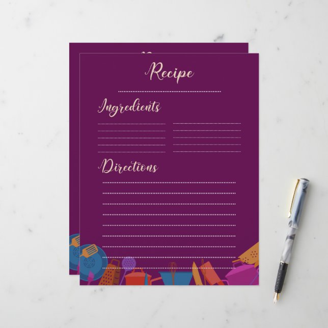 Hoja de recetas de cocina familiar rosa retro vint (Anverso/Reverso In Situ)