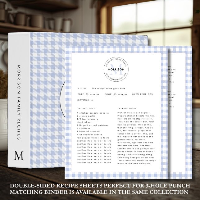 Hoja de recetas de la familia Blue Check Gingham M (Preserving Family Recipes Blue Check Double-Sided Recipe Sheet Template. Example text will guide you)
