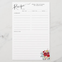 Hoja de recetas de la Navidad con flores de borgoñ