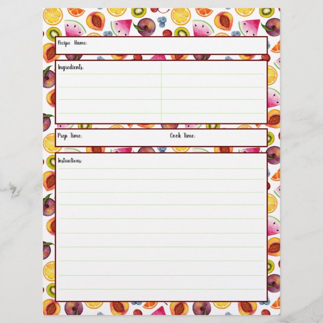 Hoja de recetas para la fruta (Anverso)