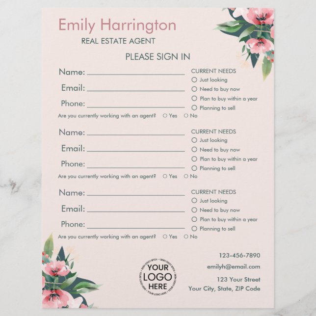 Hoja de registro de entrada Blush Bloom para agent (Anverso)