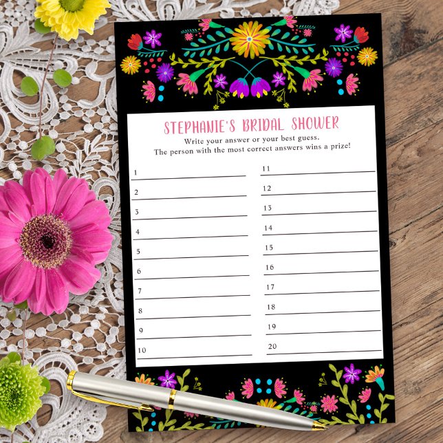 Hoja de respuesta de juego de ducha floral de Fies (Bridal Shower Game answer card from my Mexican Fiesta Floral collection)