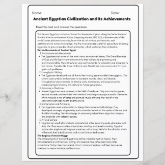 Hoja de trabajo de la civilización egipcia antigua