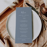 Hoja mínima | Menú de cena Boda azul y blanco<br><div class="desc">Esta carta de menú de boda azul y blanco es perfecta para una boda elegante. El diseño presenta una sencilla silueta de vegetación blanca sobre un polvoriento fondo azul con un estilo minimalista clásico. Este menú se puede utilizar para la recepción de bodas, la cena de ensayo o cualquier evento....</div>