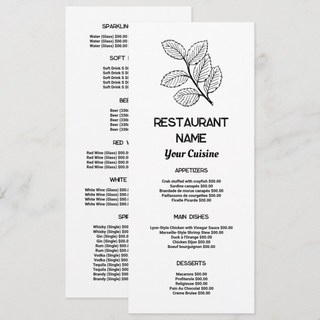Hoja Moderna, Menú Slimline de Restaurante (Anverso / Reverso)