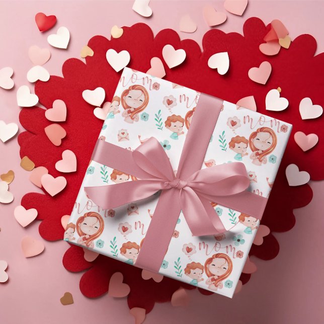 Hoja plana de envolver de mamá de 3 hojas (Celebrate mom this Valentine's Day with these cute watercolor wrapping paper sheets! )