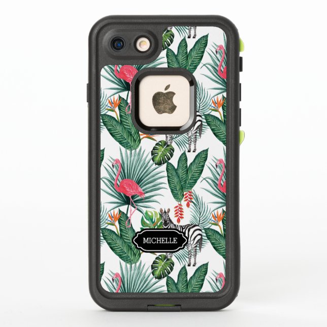 Hoja tropical de cebra flamingo moderna PERSONALIZ (Reverso)