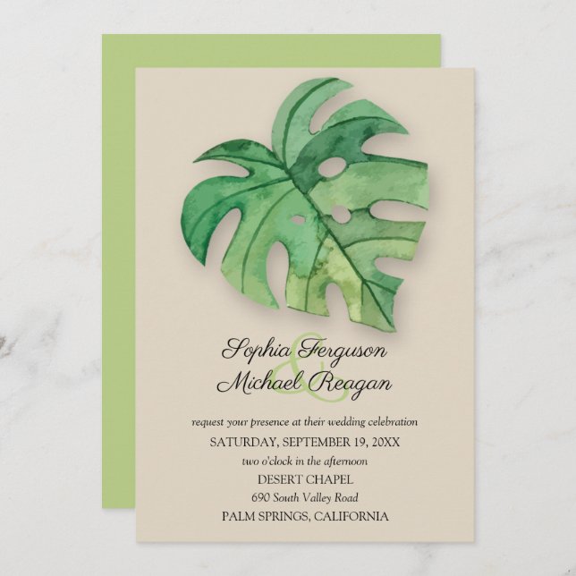 Hoja tropical de Monstera en una boda de Tan invit (Anverso / Reverso)