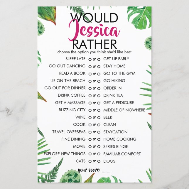 Hoja Tropical Personalizable Prefiere Jugar (Anverso)