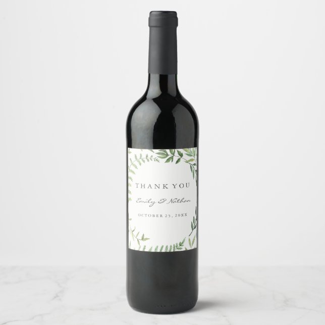 Hoja verde acuarela Gracias Etiqueta De Vino Boda (Anverso)