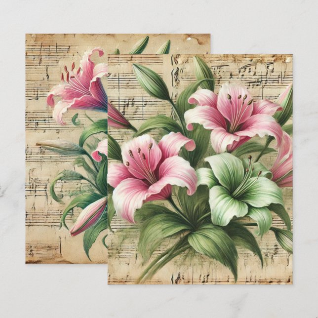 Hoja Vintage Music Pink & Green Lilies Scrapbook (Anverso / Reverso)