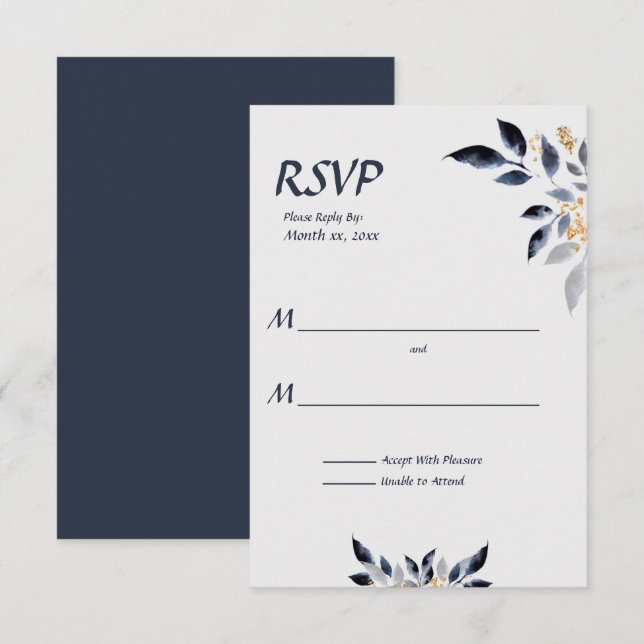 Hojas azules con RSVP de Boda de Oro (Anverso / Reverso)