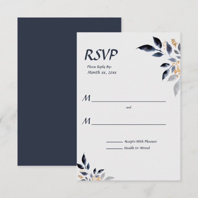 Hojas azules con RSVP de Boda de Oro (Anverso / Reverso)