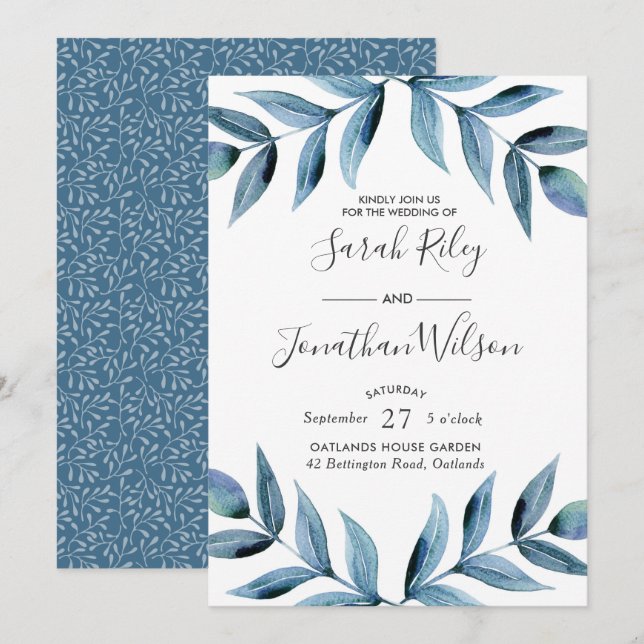 Hojas azules Invitación a la boda (Anverso / Reverso)