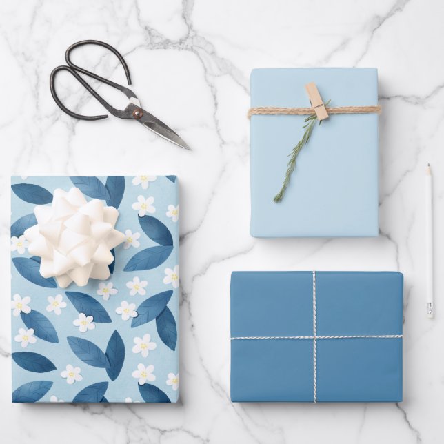 Hojas azules y flores blancas patrón sin problemas (Anverso)