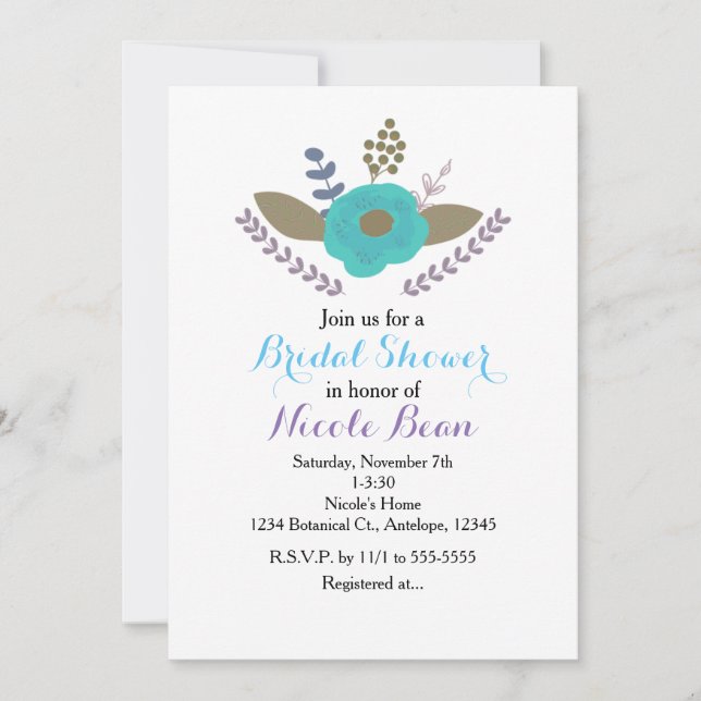 Hojas botánicas y invitaciones florales azules tea (Anverso)