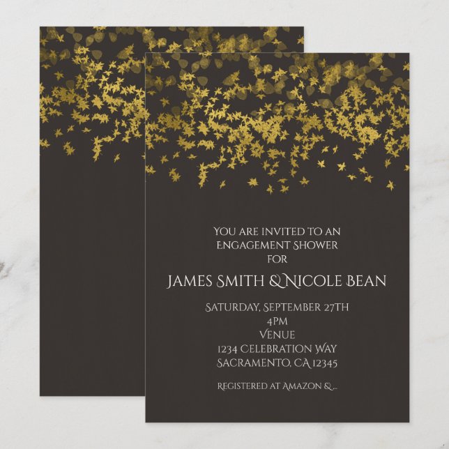 Hojas caídas doradas falsas Invitación rústica de  (Anverso / Reverso)
