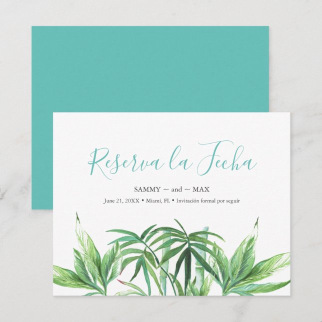Hojas de Acuarela Tropicales para Anuncio de Boda (Anverso / Reverso)