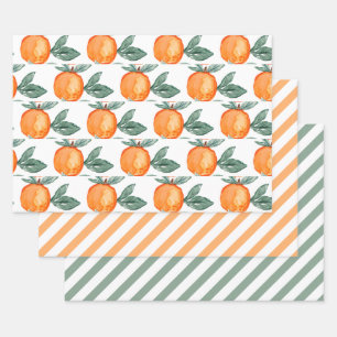 Hojas de Acuarela Verde Cítrico Naranja Rayas
