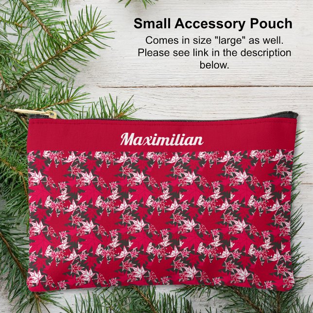 Hojas de arce en carbón vegetal - bolsa accesoria  (Red and White Maple Leaves on Charcoal - SMALL Accessory Pouch by The Canadian Outpost shop)