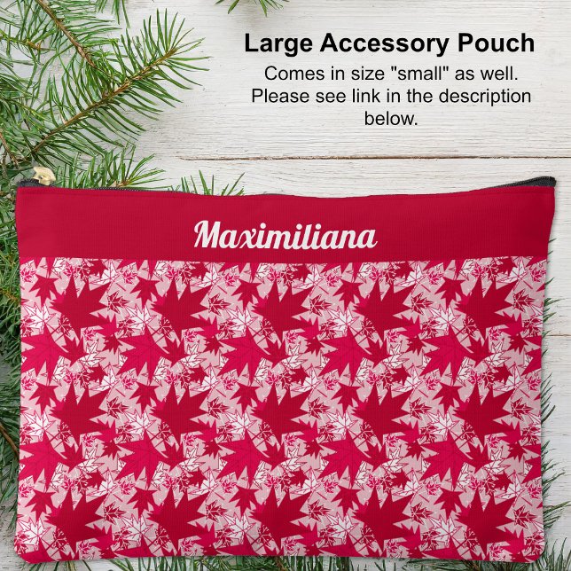 Hojas de arce en rosa - gran bolsa accesoria (Red and White Maple Leaves on Pink - LARGE Accessory Pouch by The Canadian Outpost shop)