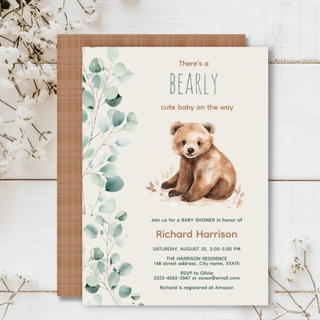Hojas de bosque cortas con invitación a la ducha d (Watercolor bear sage green beige eucalyptus Minimalistic watercolor gender neutral baby shower)
