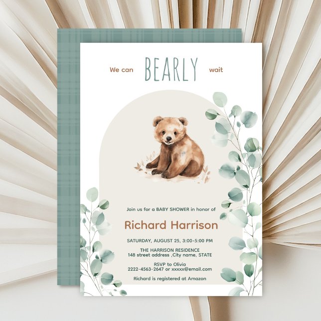 Hojas de bosque cortas con invitación a la ducha d (Watercolor bear sage green beige eucalyptus Minimalistic watercolor gender neutral baby shower)