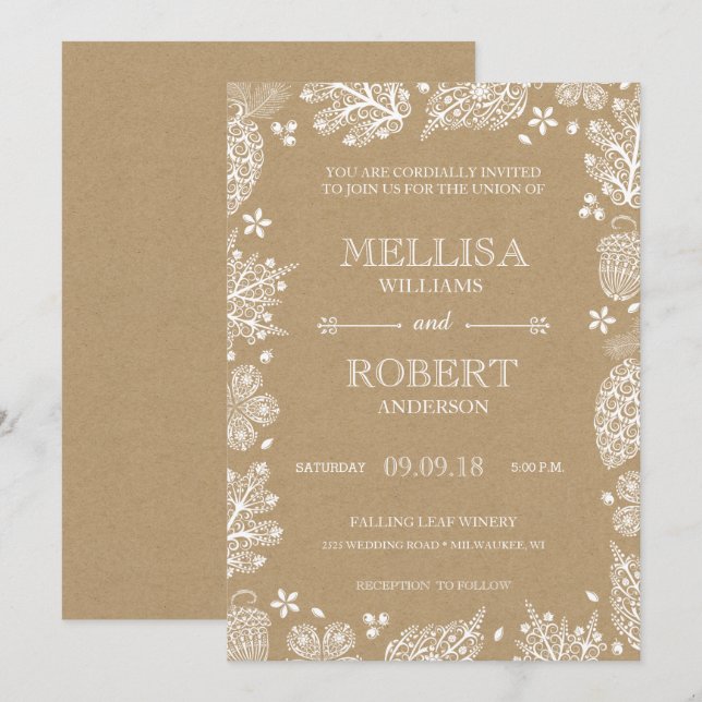 Hojas de encaje en la invitación de la boda de (Anverso / Reverso)