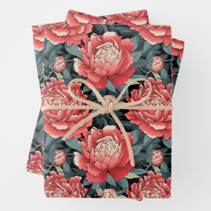 Hojas de envoltorio de flores de peonía rojas y sa