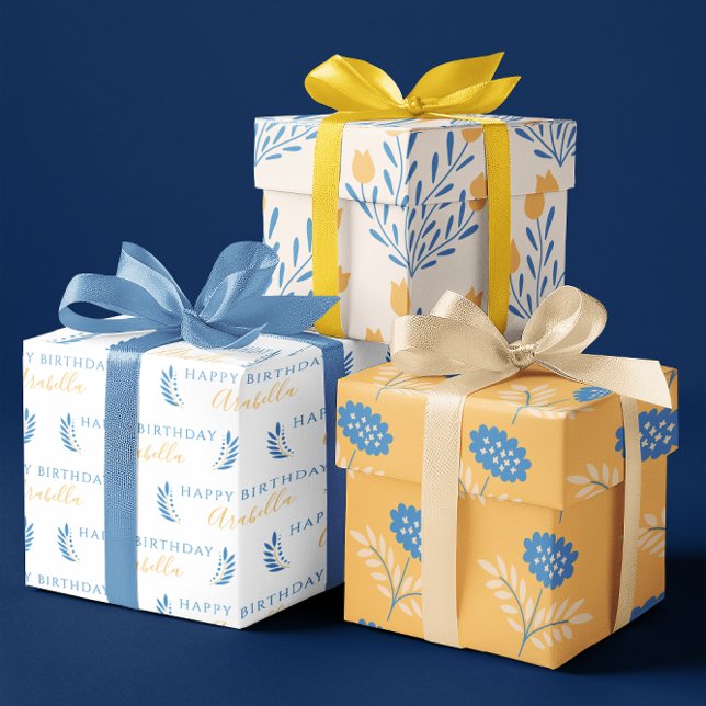 Hojas de envoltura florales azules y naranjas para (Celebrate a special birthday with this beautiful floral personalized wrapping paper set! )