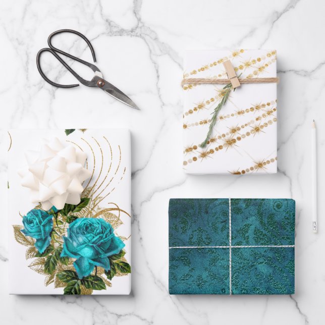 Hojas de envoltura florales doradas y turquesa (Anverso)