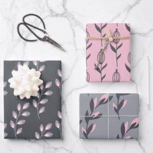 Hojas de envoltura florales grises y rosadas
