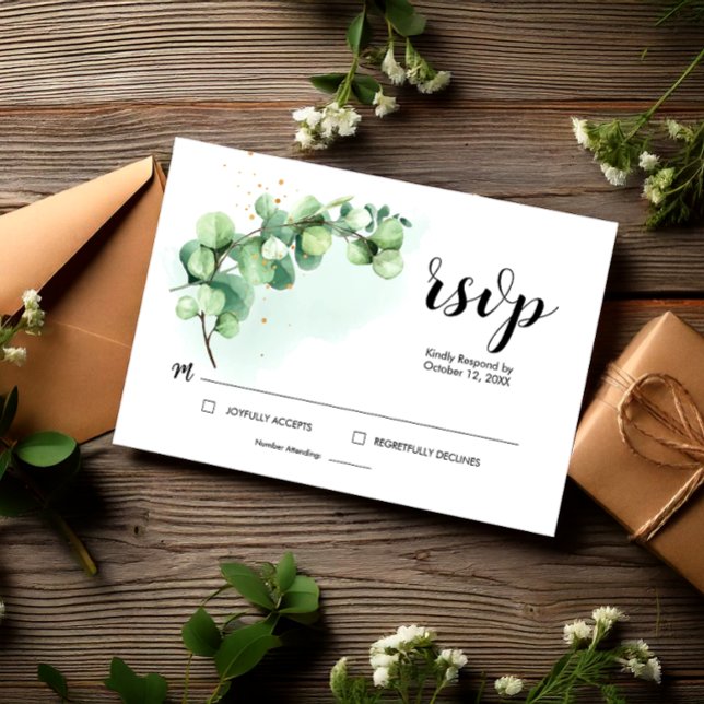 Hojas de eucalipto elegantes Verdes RSVP de boda (RSVP Card Wedding Eucalyptus Watercolor Elegant, Eucalyptus Invitation)