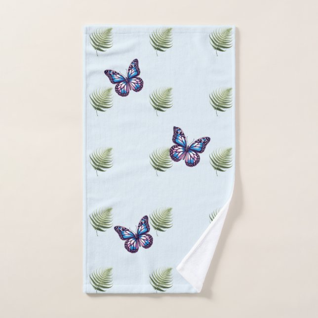 Hojas de helecho y mariposas  (Toalla de mano)
