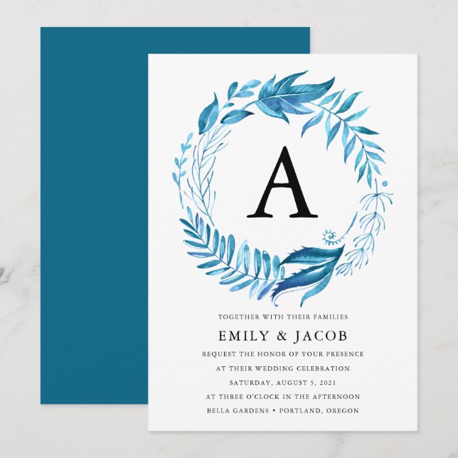 Hojas de Índigo | Invitación de Boda con Monograma (Anverso / Reverso)