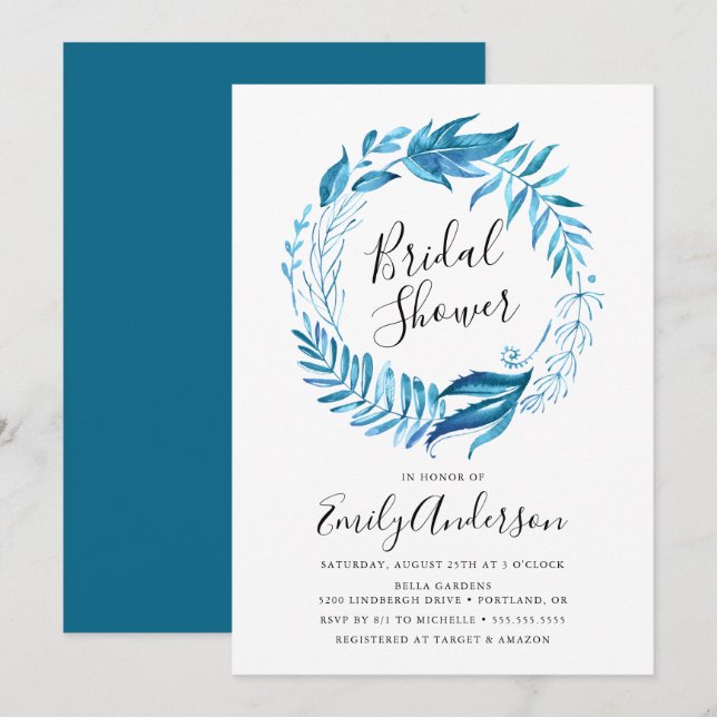 Hojas de Índigo | Invitación de Regadera de Boda e (Anverso / Reverso)