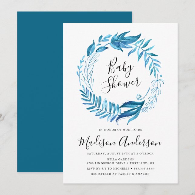 Hojas de Índigo | Invitación de Wreath Baby Shower (Anverso / Reverso)