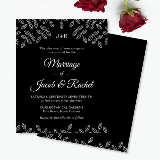Hojas de jardín elegante Invitación de boda negra (Subido por el creador)