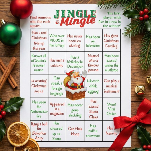 Hojas de juego de bingo humano de Navidad Jingle & (Jingle & Mingle Christmas Human Bingo Game Sheets )