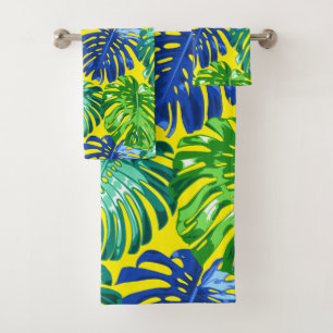 Hojas de la selva verde tropical azul amarillo Mon