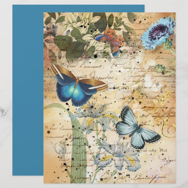 Hojas de mariposas y flores azules vintage (Anverso / Reverso)