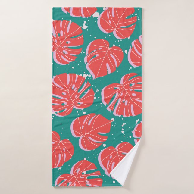 Hojas de monstera roja en un patrón verde sin cost (Toalla de baño)