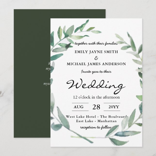 Hojas de oliva Invitaciones a la boda Verde Modern (Anverso / Reverso)