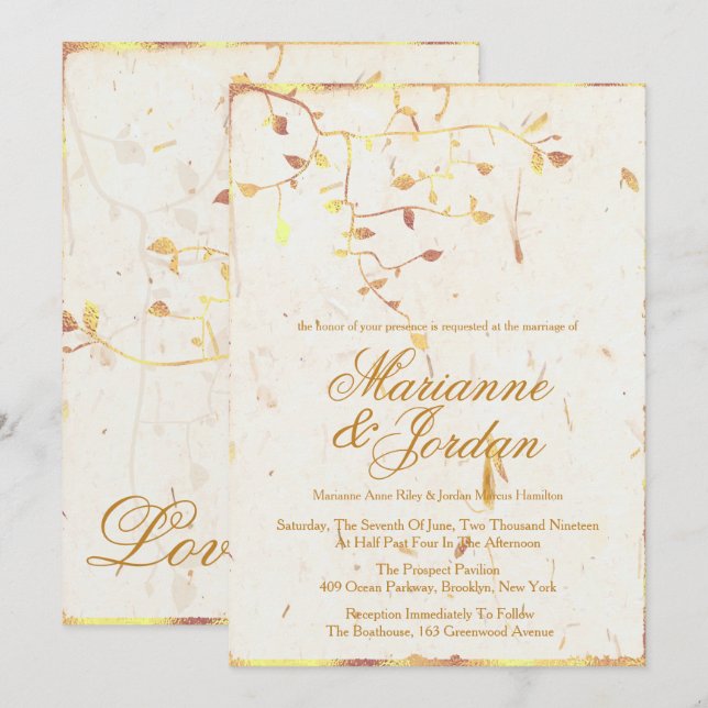Hojas de oro de la naturaleza, invitaciones de bod (Anverso / Reverso)